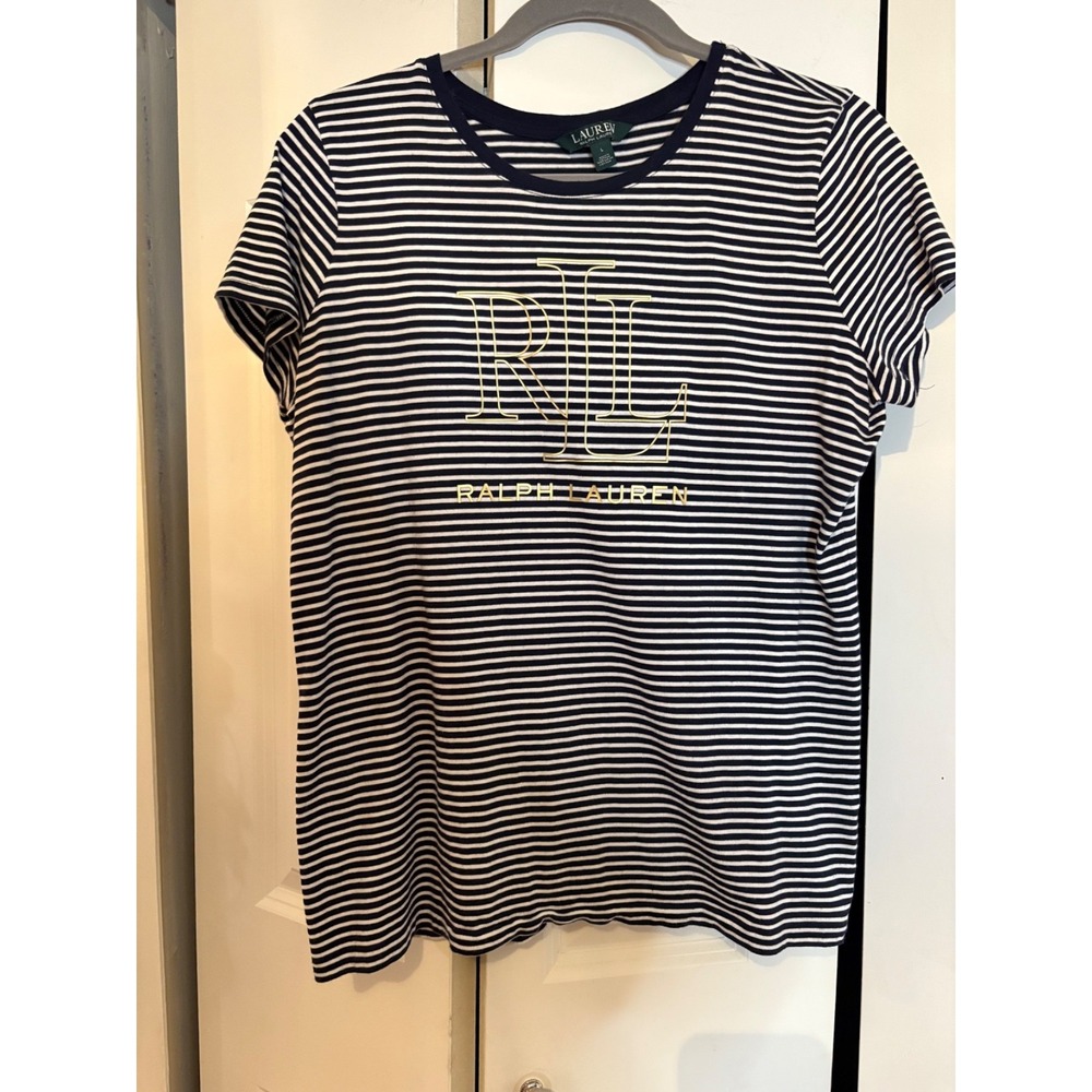 Lauren Ralph Lauren Navy & White Striped Logo‎ Top – Women's Large